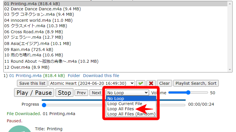 「No Loop」（リピートなし）→「Loop All Files」（すべてのファイルをリピート）に変更